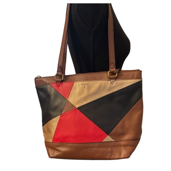 Fossil brown Patchwork Shoulder Bag Tote with Wrist Bag - Picture 1 of 12